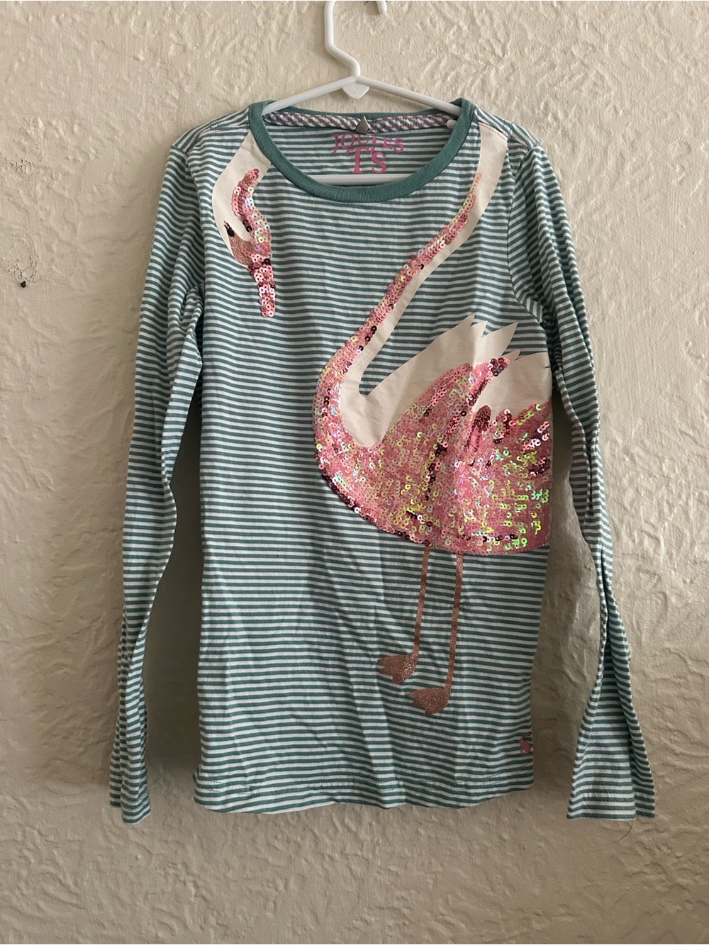 Joules Girls Swan Pink Sequin Long Sleeve T-Shirt 11-12Y Green Stripe